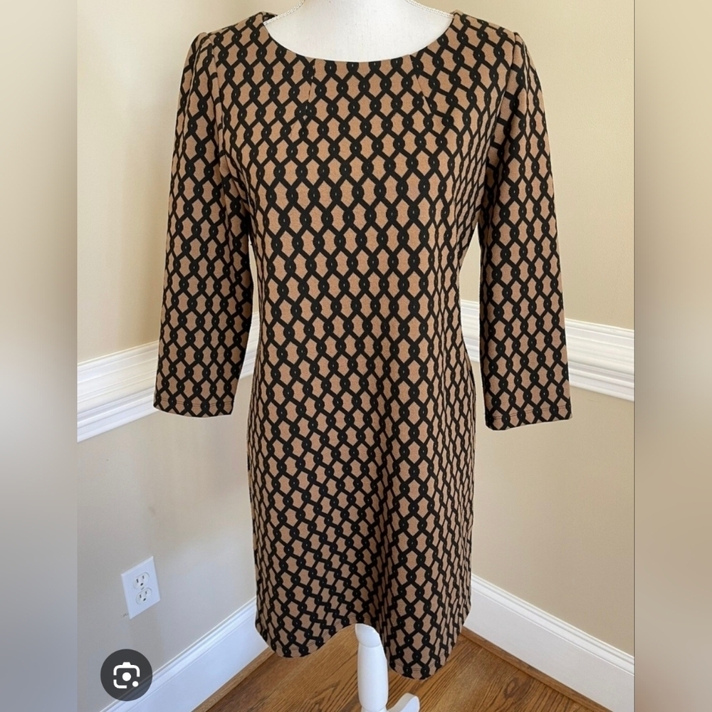 Vivienne Tam Black and Tan Sheath Dress 3/4 Sleeve